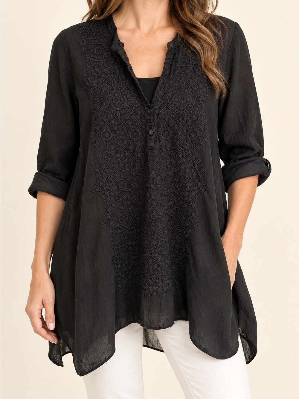 Johnny Was Black Embroidered Cupro Tunic 3/4 Sleeve Boho Size S